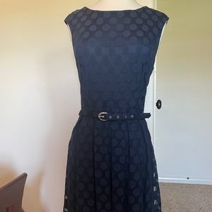 Navy dress, A-line, polka dot overlay, belted, size S